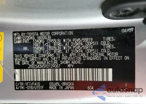 2009 Toyota Highlander Sport z USA, uszkodzony, nr VIN JTEES43A592129067